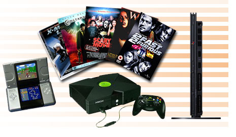 A selection of DVDs, games consoles and handheld games systems